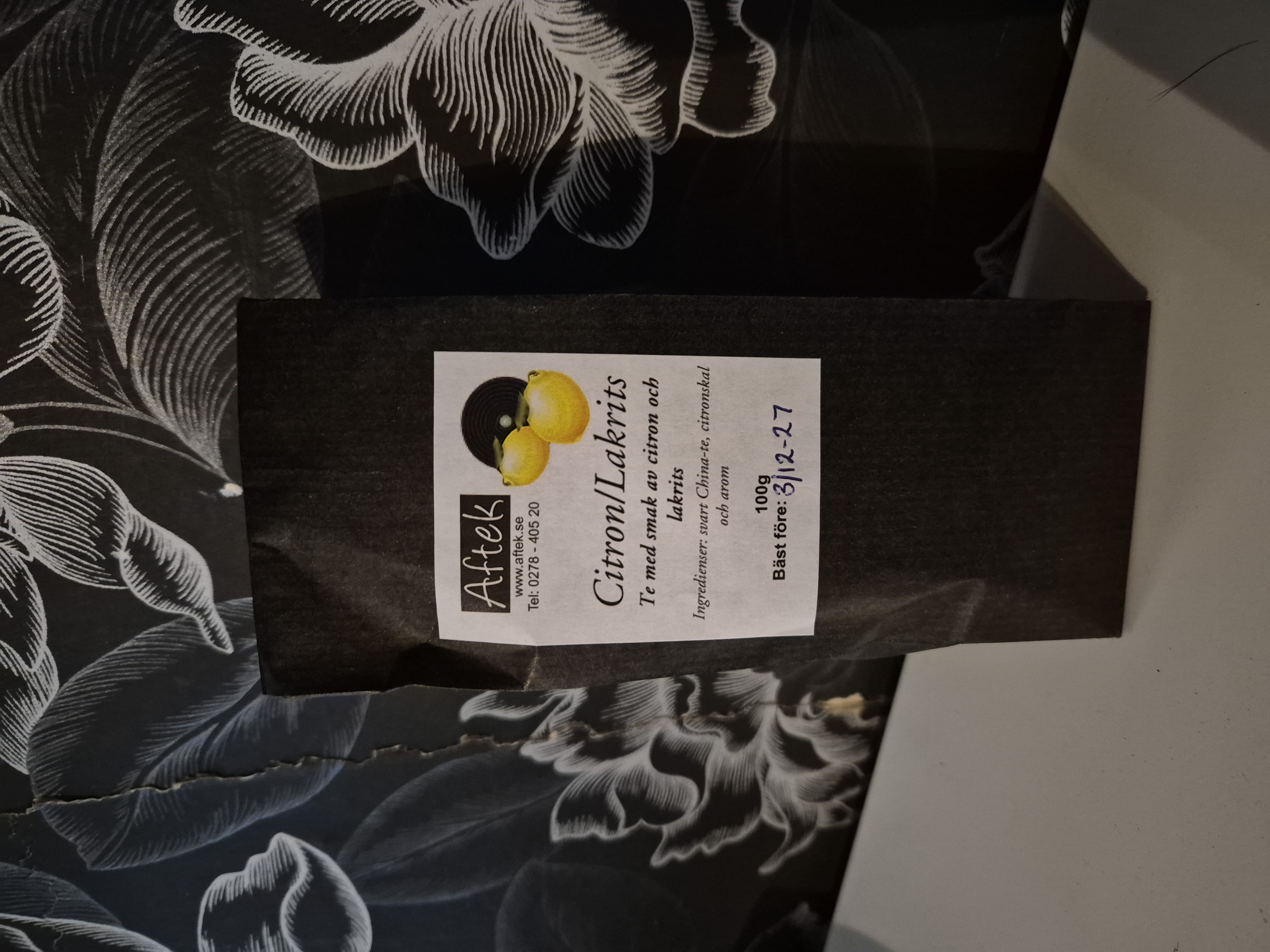 Förpackat svart te, Citron/lakrits 100gr Aftek