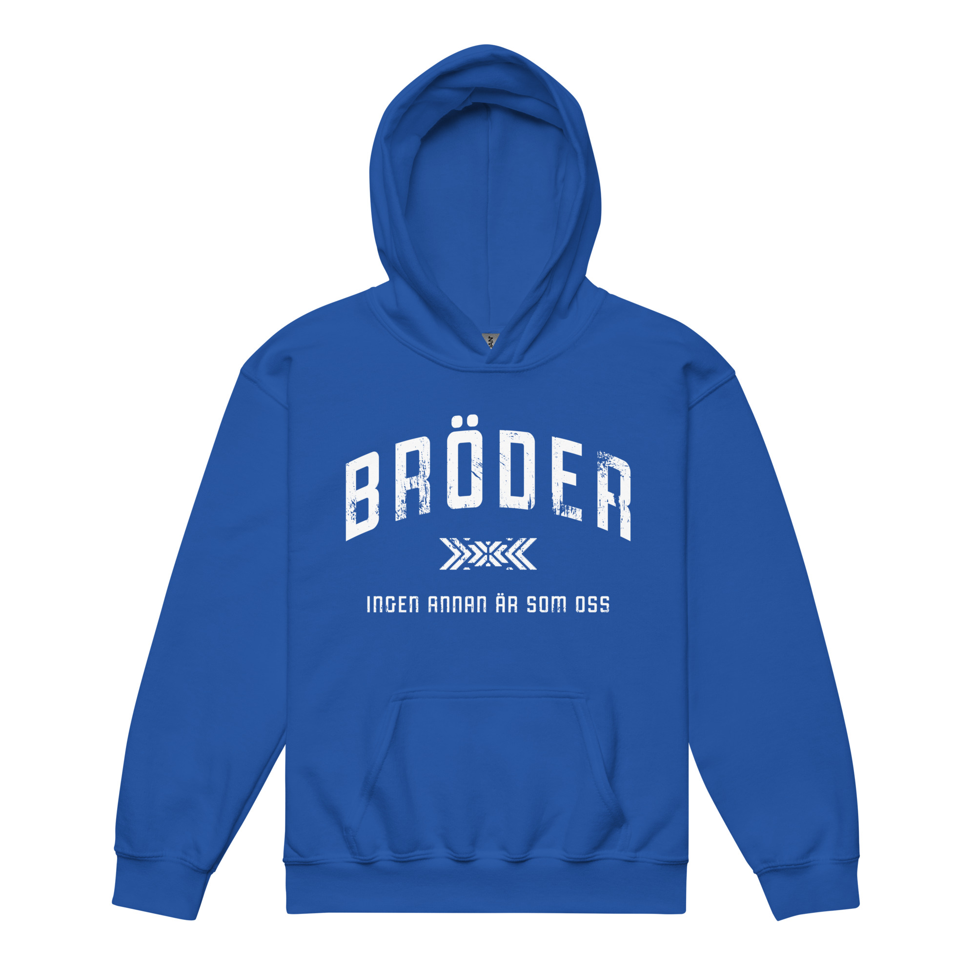 Mjuk hoodie för barn i klassisk modell med trycket ”Bröder – ingen annan är som oss” i vitt på bröstet. Mjuk fleece, dubbelfodrad huva och magficka framtill. Modellen är utan dragsko för barnets säkerhet. Finns i storlekarna 110/116–158/164. Material: 50 % bomull, 50 % polyester.