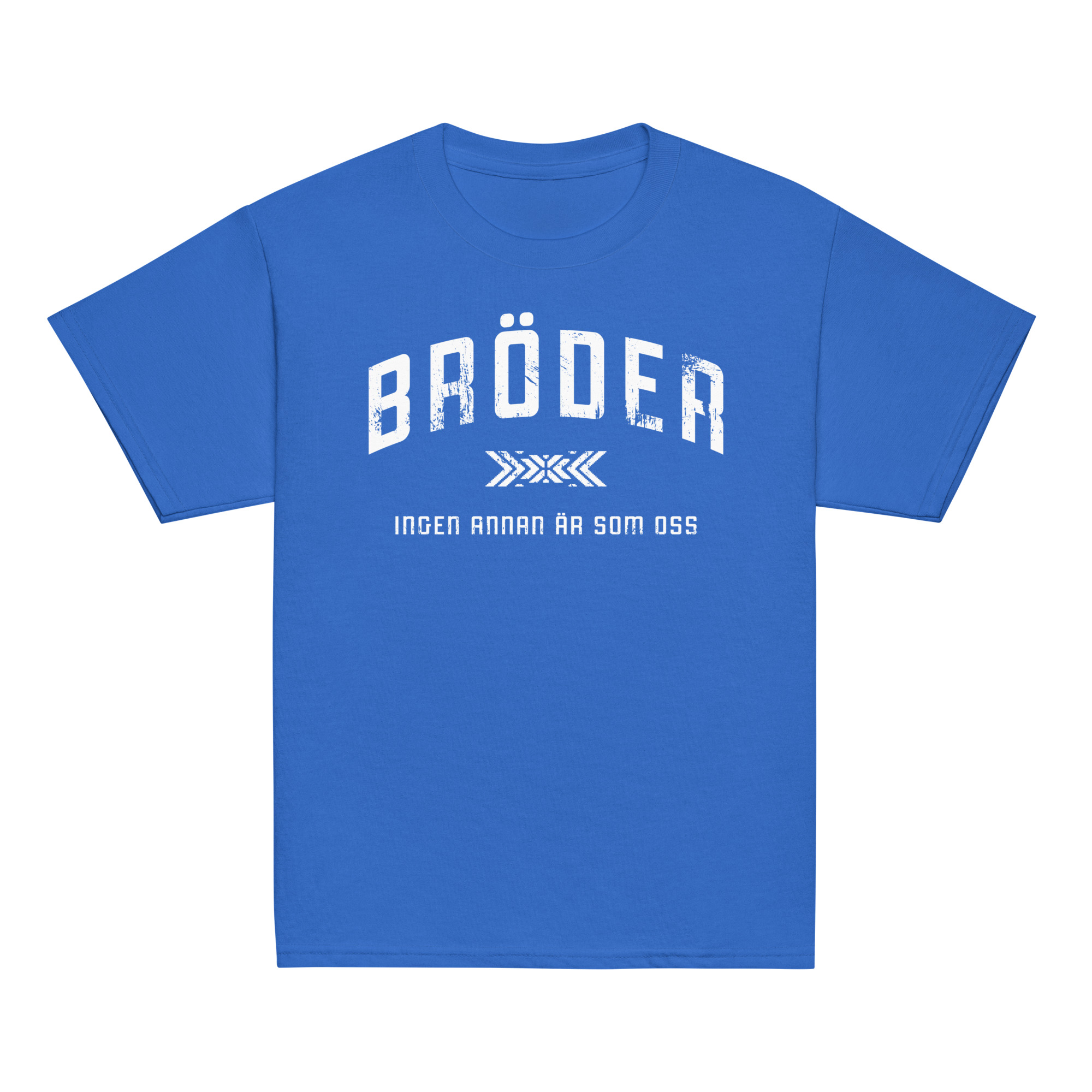 T-shirt för barn i klassisk modell med trycket ”Bröder – ingen annan är som oss” i vitt på bröstet. Finns i storlekarna 110/116–158/164. Material: 100 % bomull.