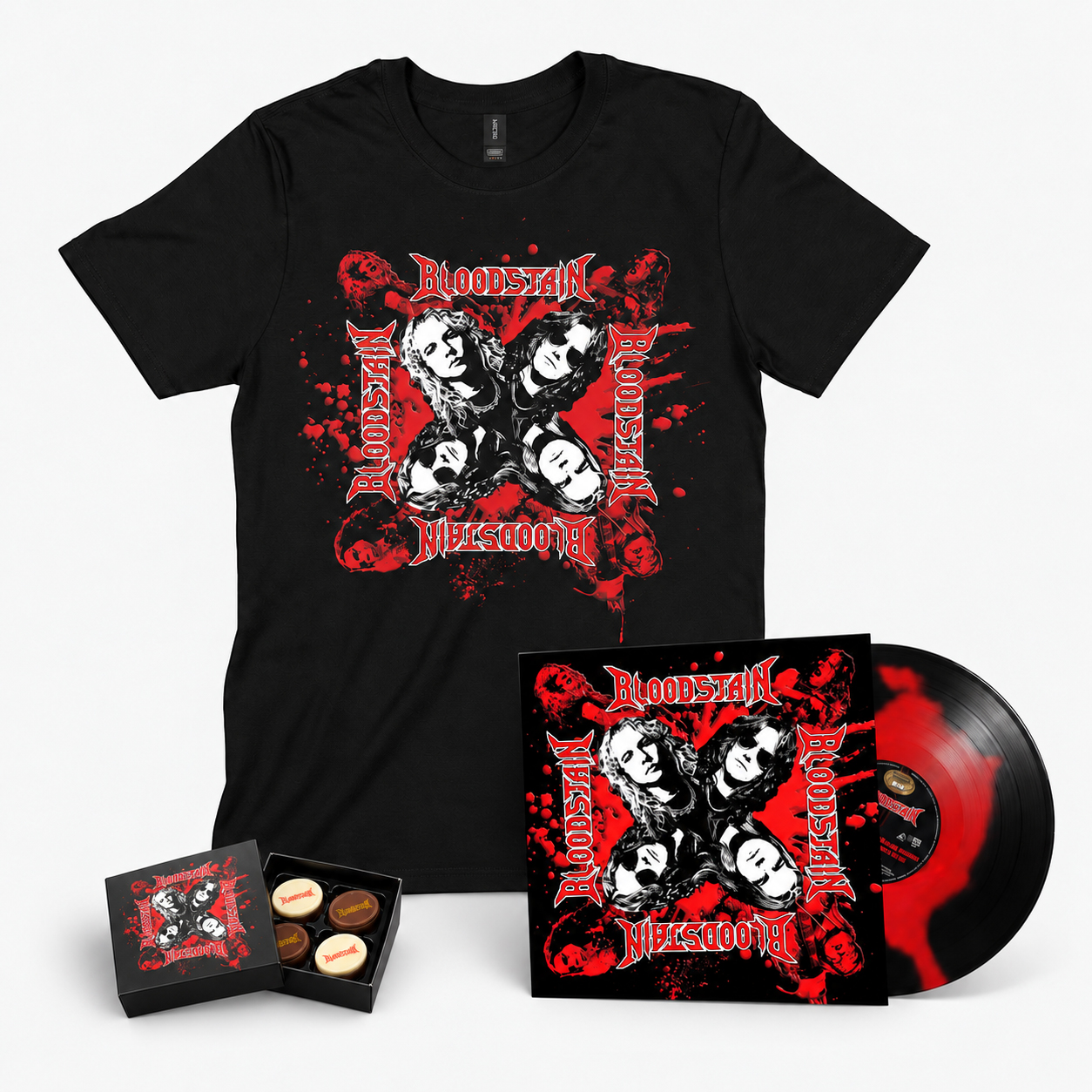 BLOODSTAIN – S/T BUNDLE (RED/BLACK INK SPOT LP + T-SHIRT + EXCLUSIVE BLOODSTAIN CHOCOLATE BOX)