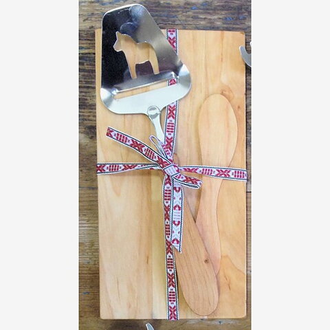 Cheese board with knife, cheese slicer, and ribbon