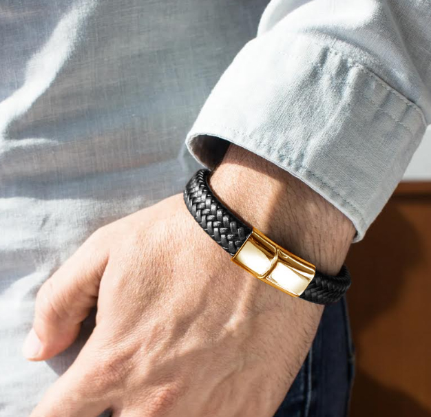 Svart personligt läder armband med gravyr 21 cm - Guld Rostfritt stål - 2