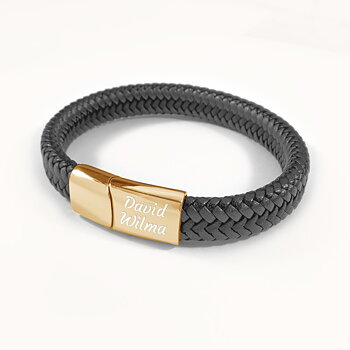 Svart personligt läder armband med gravyr 23 cm - Guld Rostfritt stål
