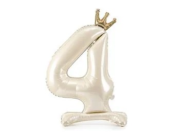 Stående sifferballong 4 i ljus creme med guldkrona, 84 cm