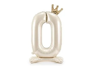 Stående sifferballong 0 i ljus creme med guldkrona, 84 cm
