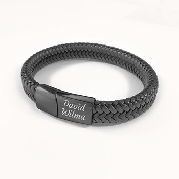 Svart personligt läder armband med gravyr 19 cm - Svart Rostfritt stål