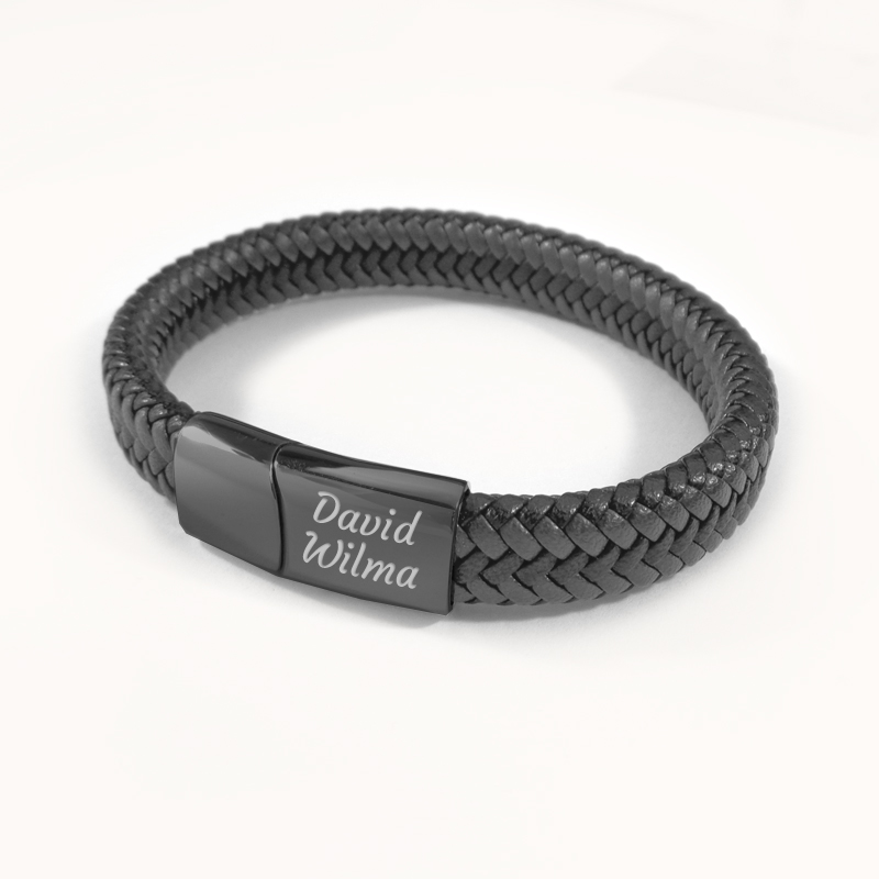 Svart personligt läder armband med gravyr 21 cm - Svart Rostfritt stål