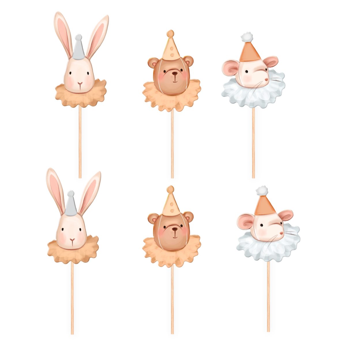 Cake toppers med kanin, nalle och mus 6-pack