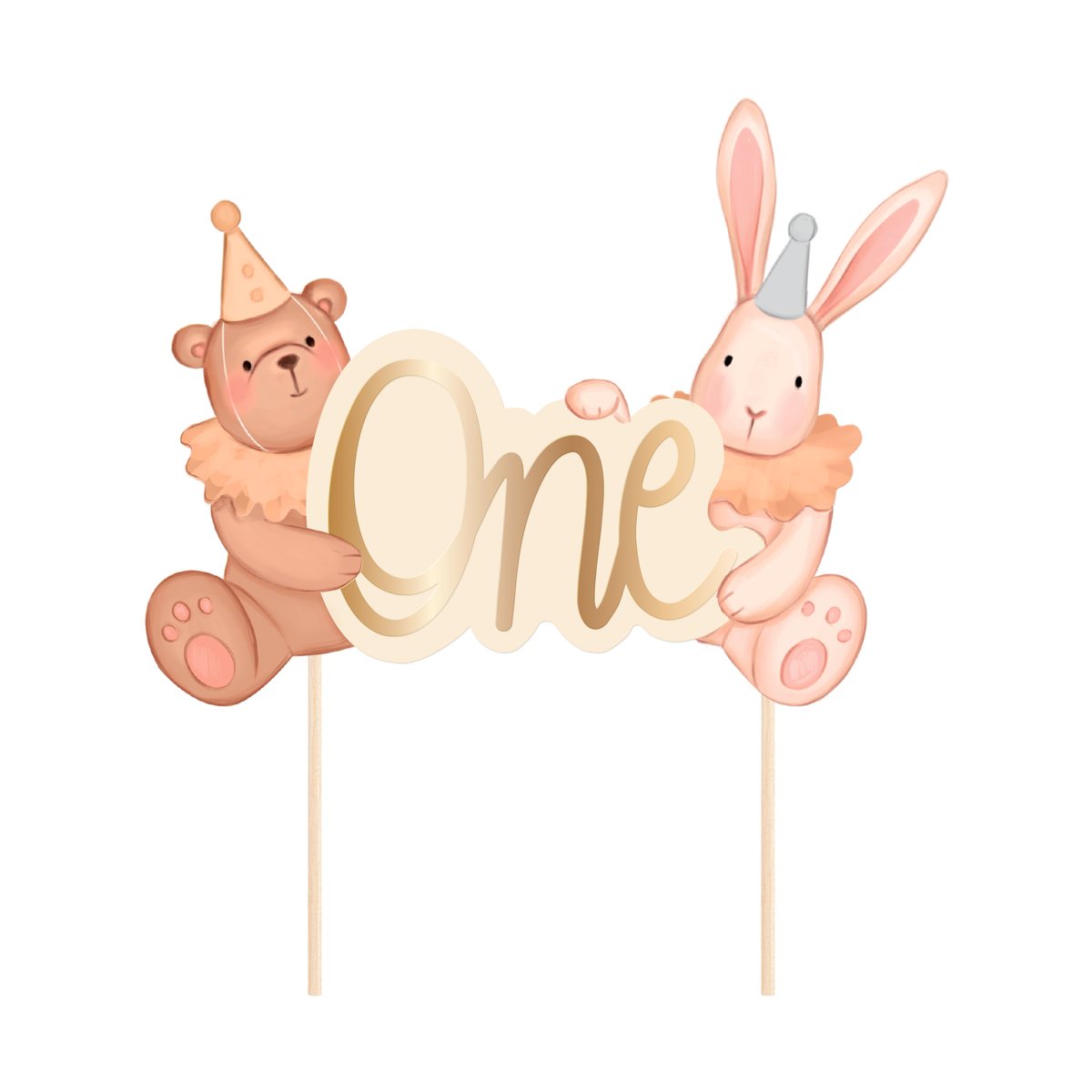 Tårtdekoration One med nalle och kanin till 1-årskalas