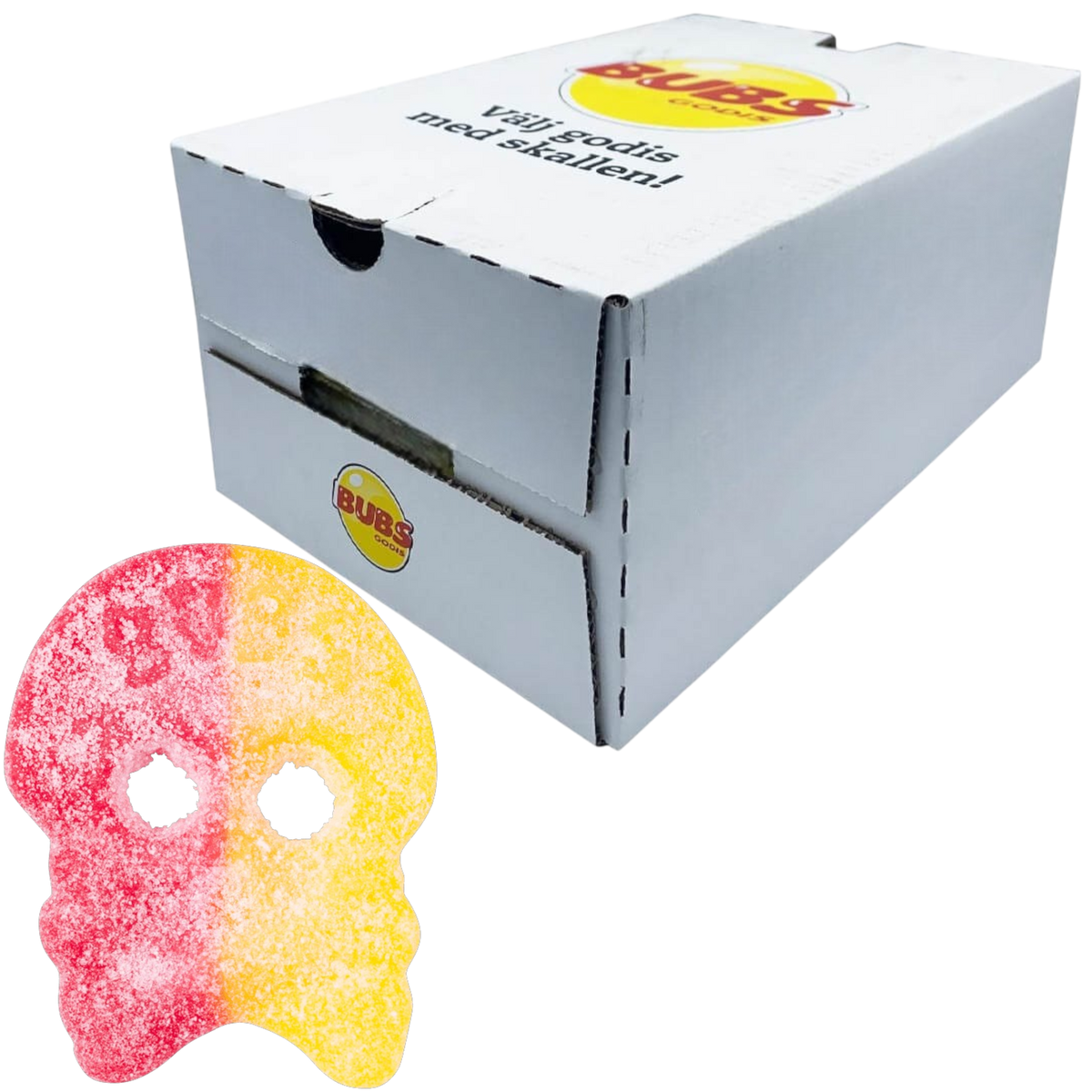 BUBS Lemon Raspberry Skalle förpackning och godis