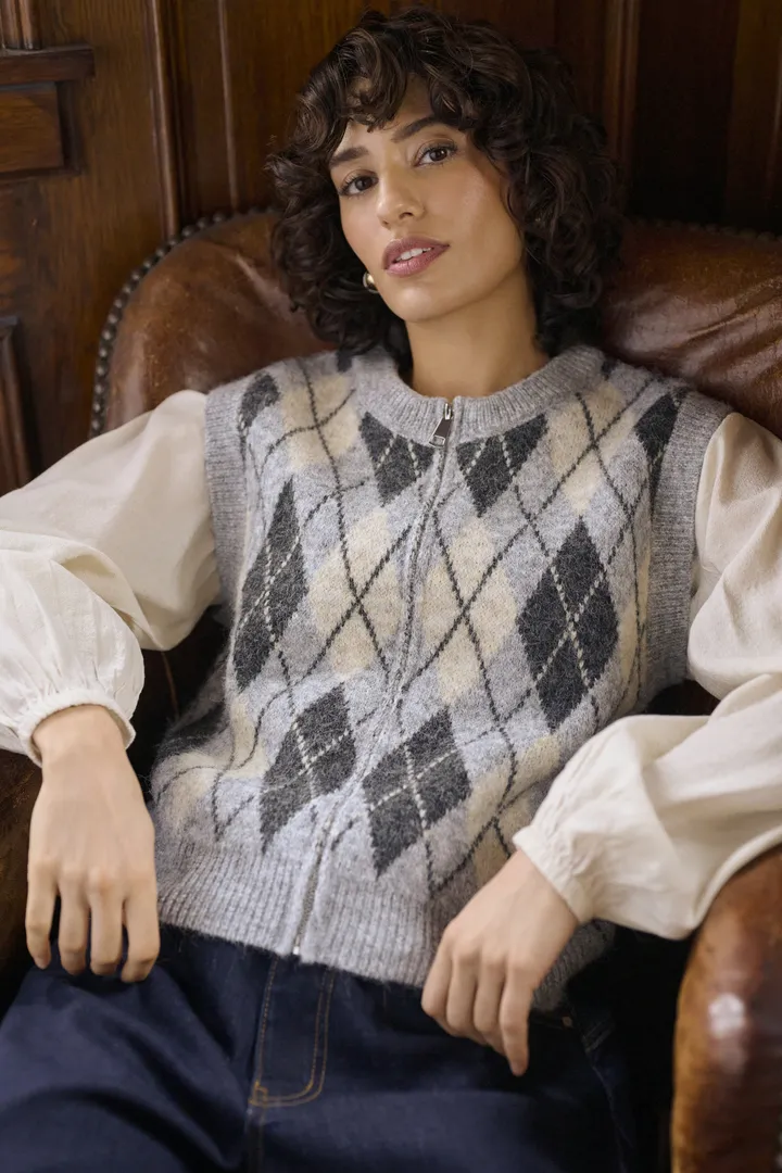 Cream Mirea Knit Vest Grey Melange Argyle