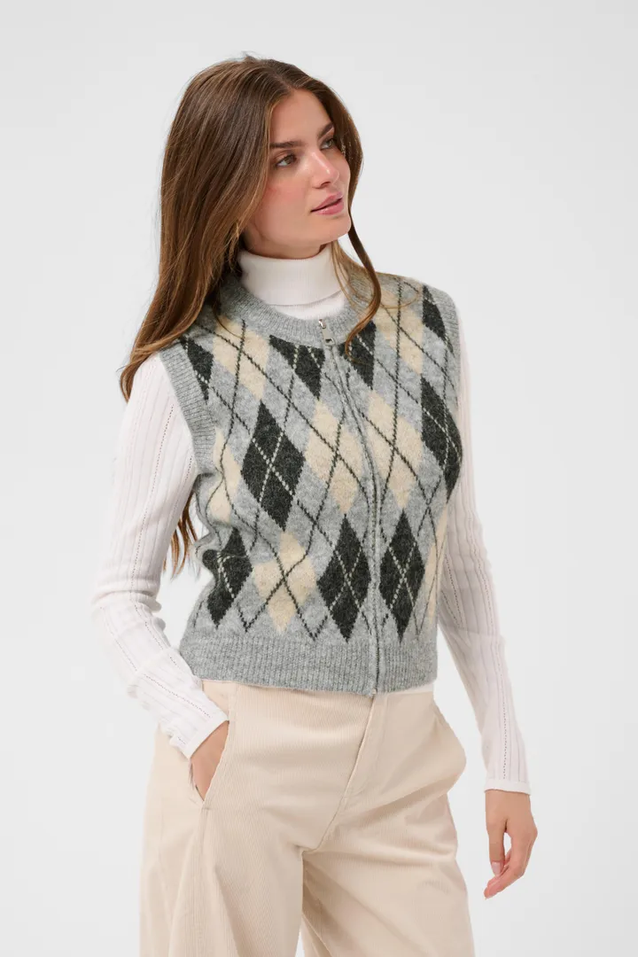 Cream Mirea Knit Vest Grey Melange Argyle - 2