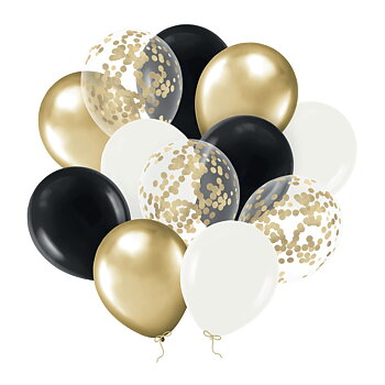Ballongmix svart vit och guld med guldkonfetti 30 cm 12-pack