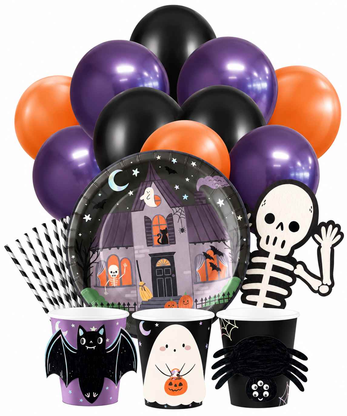 Halloween Spooky Friends kalaspaket för 6 personer med ballonger, tallrikar, muggar och sugrör