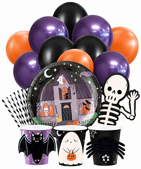 Halloween Spooky Friends kalaspaket för 6 personer med ballonger, tallrikar, muggar och sugrör