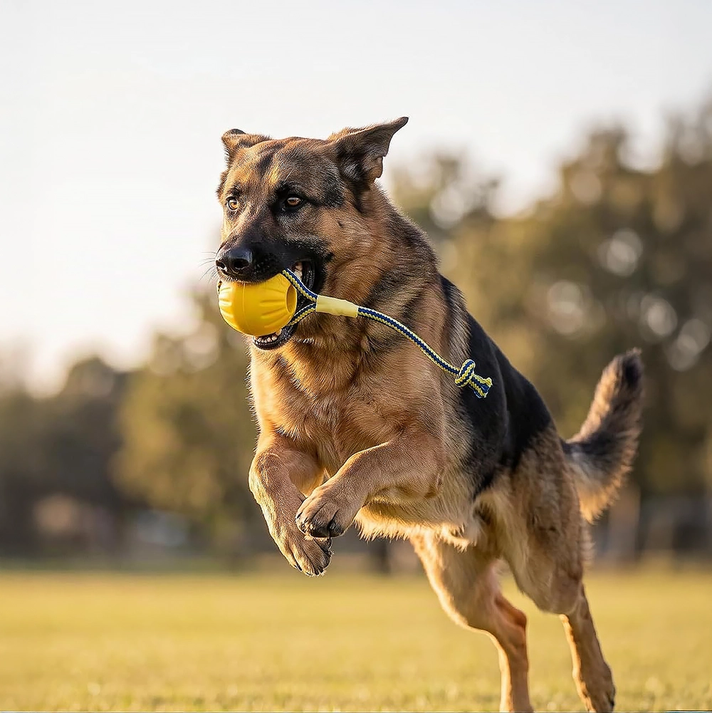 Yellow, hard foam ball with a string from Starmark—a fun and durable dog toy