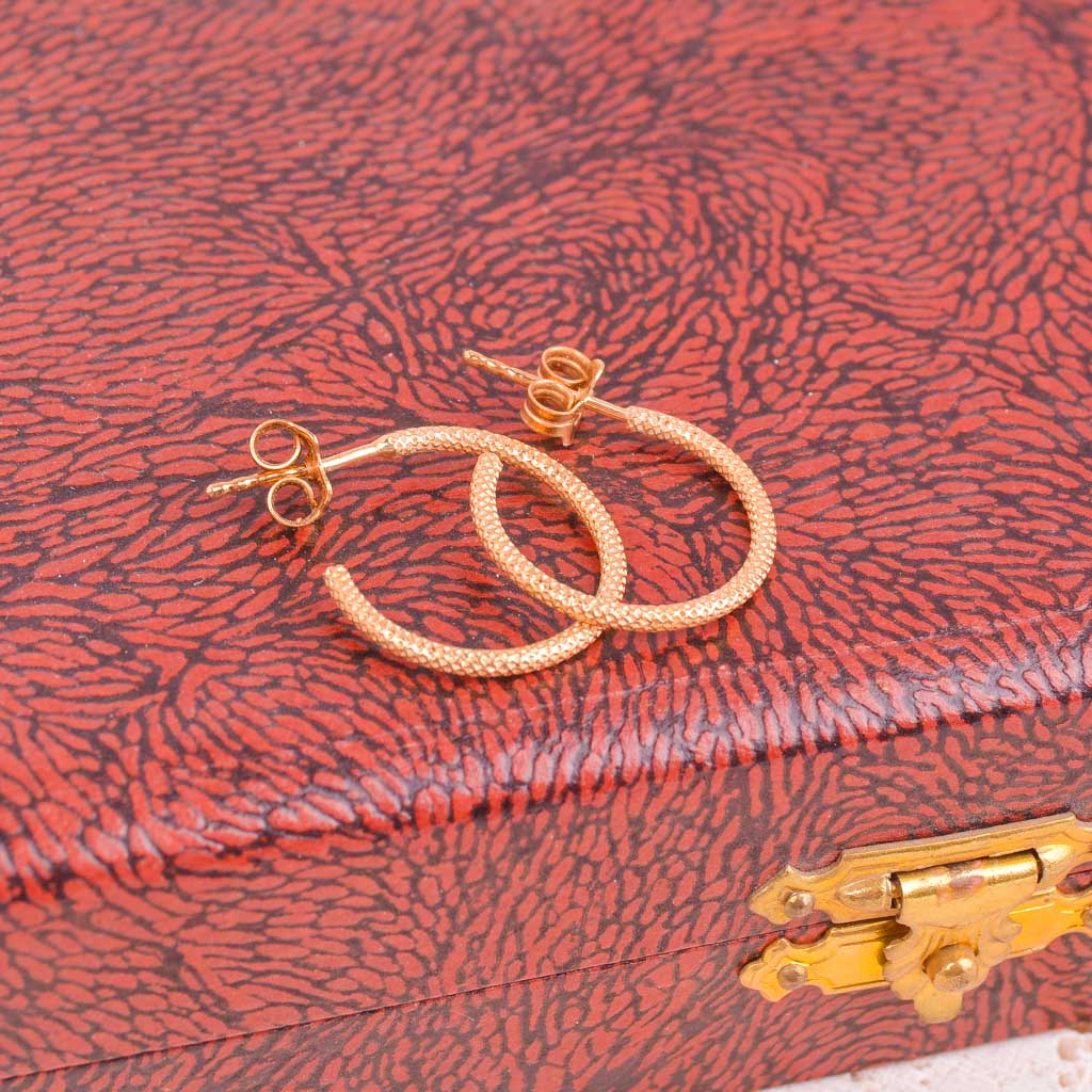 Gold Hoop Earrings with a Patterned Finish, 18k Gold, Vintage - 6