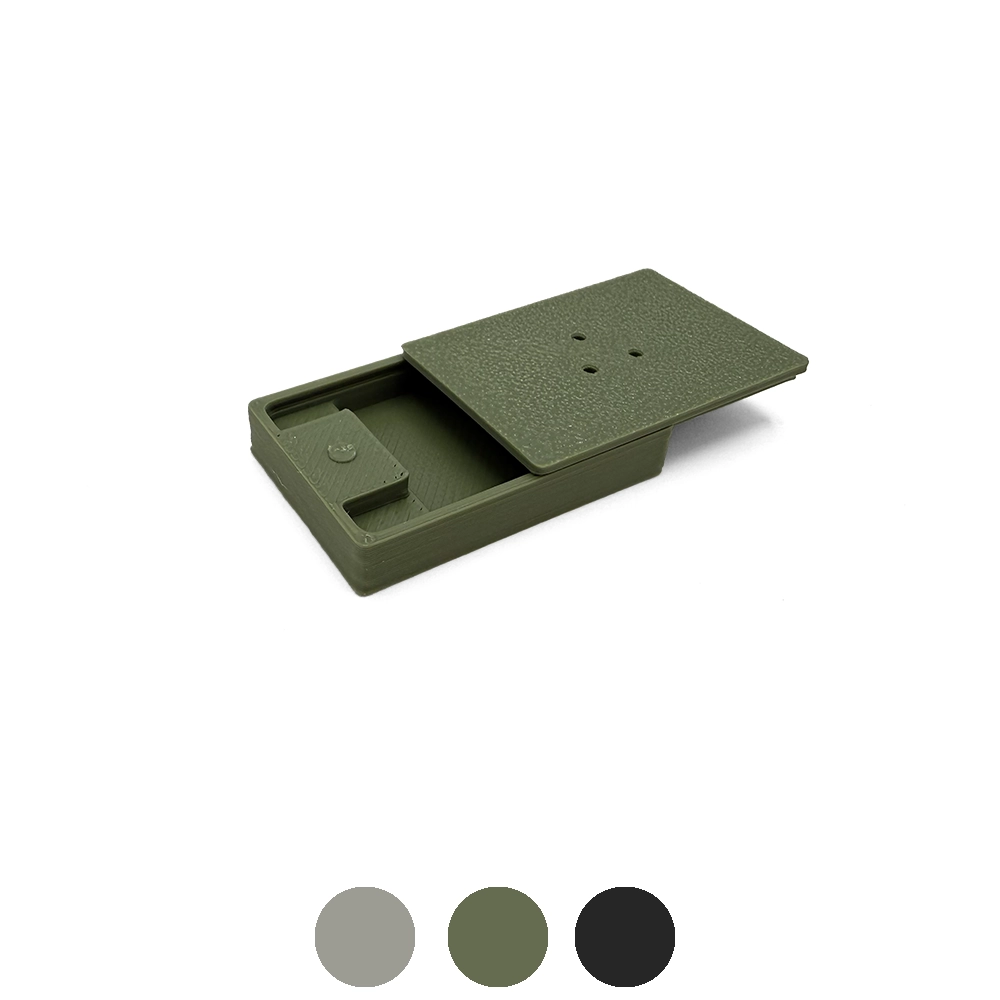 Flat, oblong nosework container in three colors: green, black, and gray