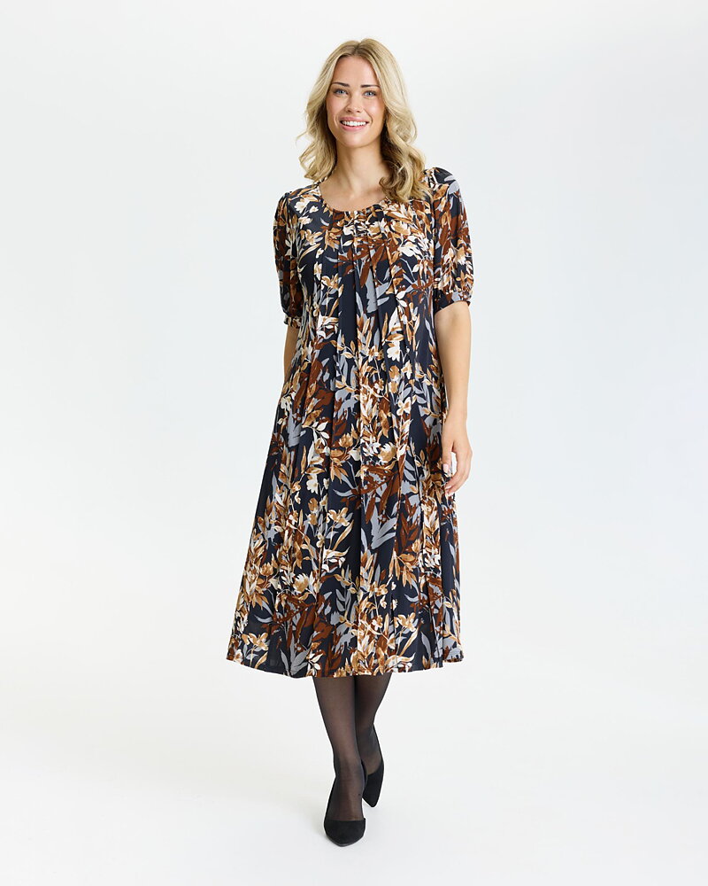 Klänning Lucette bladmönstrad beige/brun/grå/svart