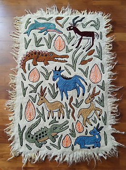 Traditionell Indisk Namda-matta, Handbroderad ren ullmatta, Handgjord 60x90 cm.