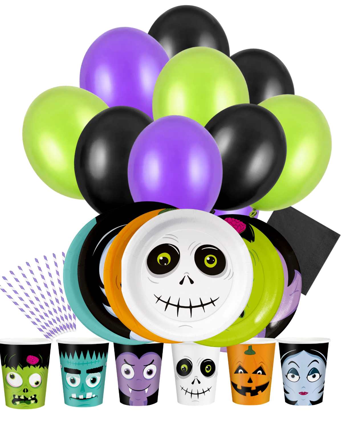 Halloween Monsters paket för 6 personer med ballonger, tallrikar, muggar, servetter och sugrör