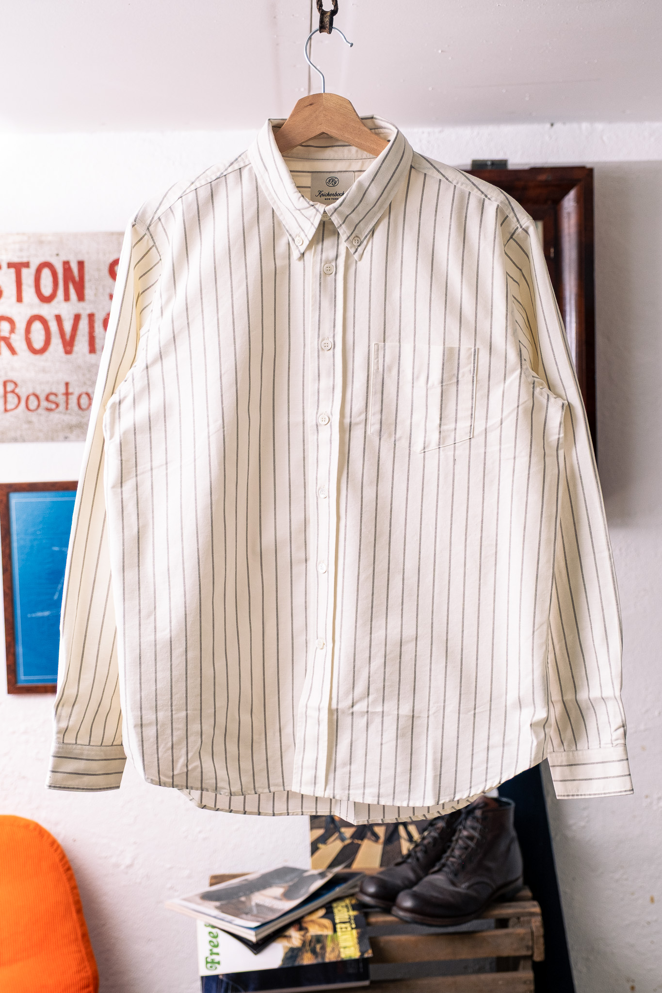 Knickerbocker - "Beefy" Cotton Oxford Bone & Olive Stripe