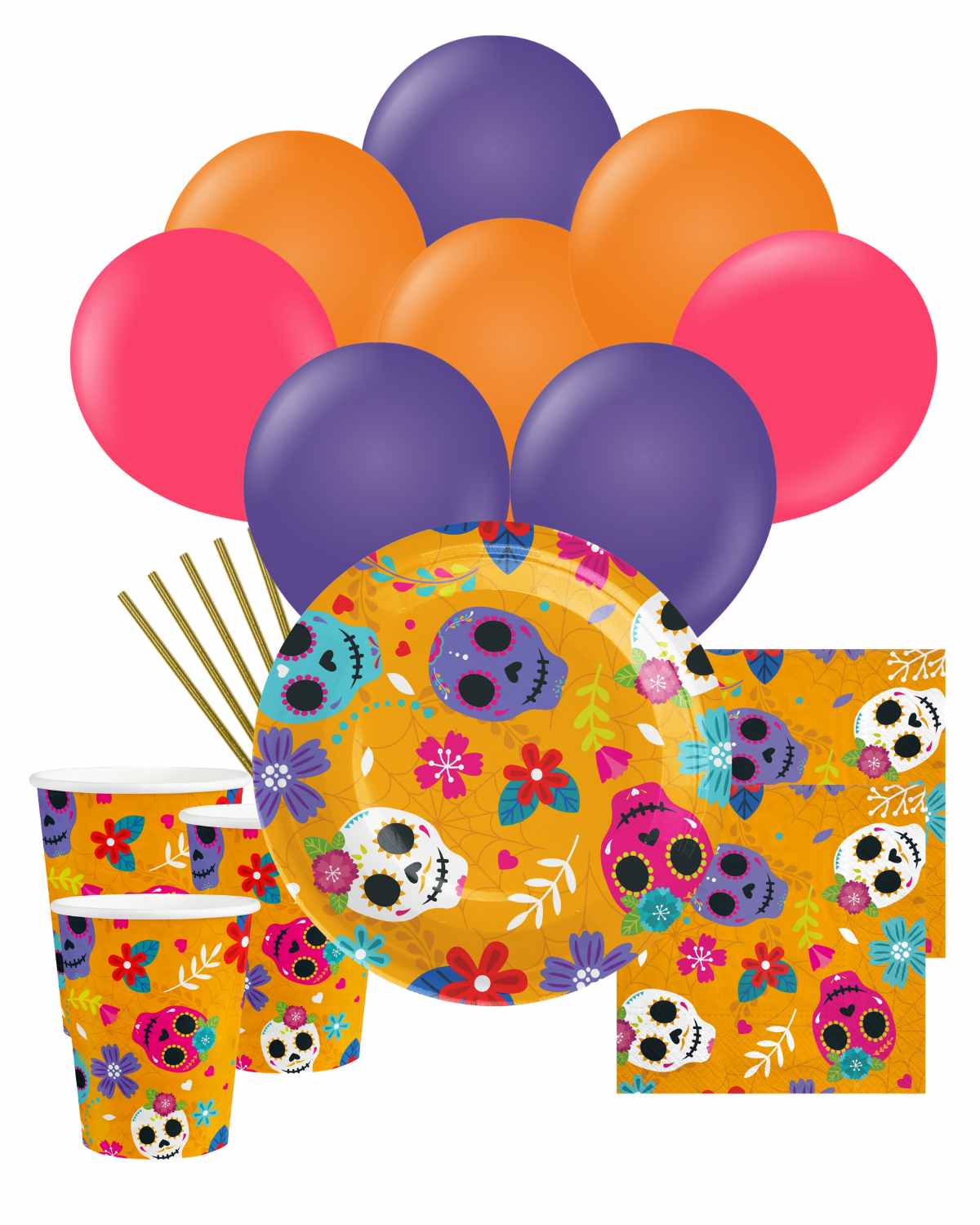 Mexican Halloween paket för 6 personer med färgglad dukning och ballonger