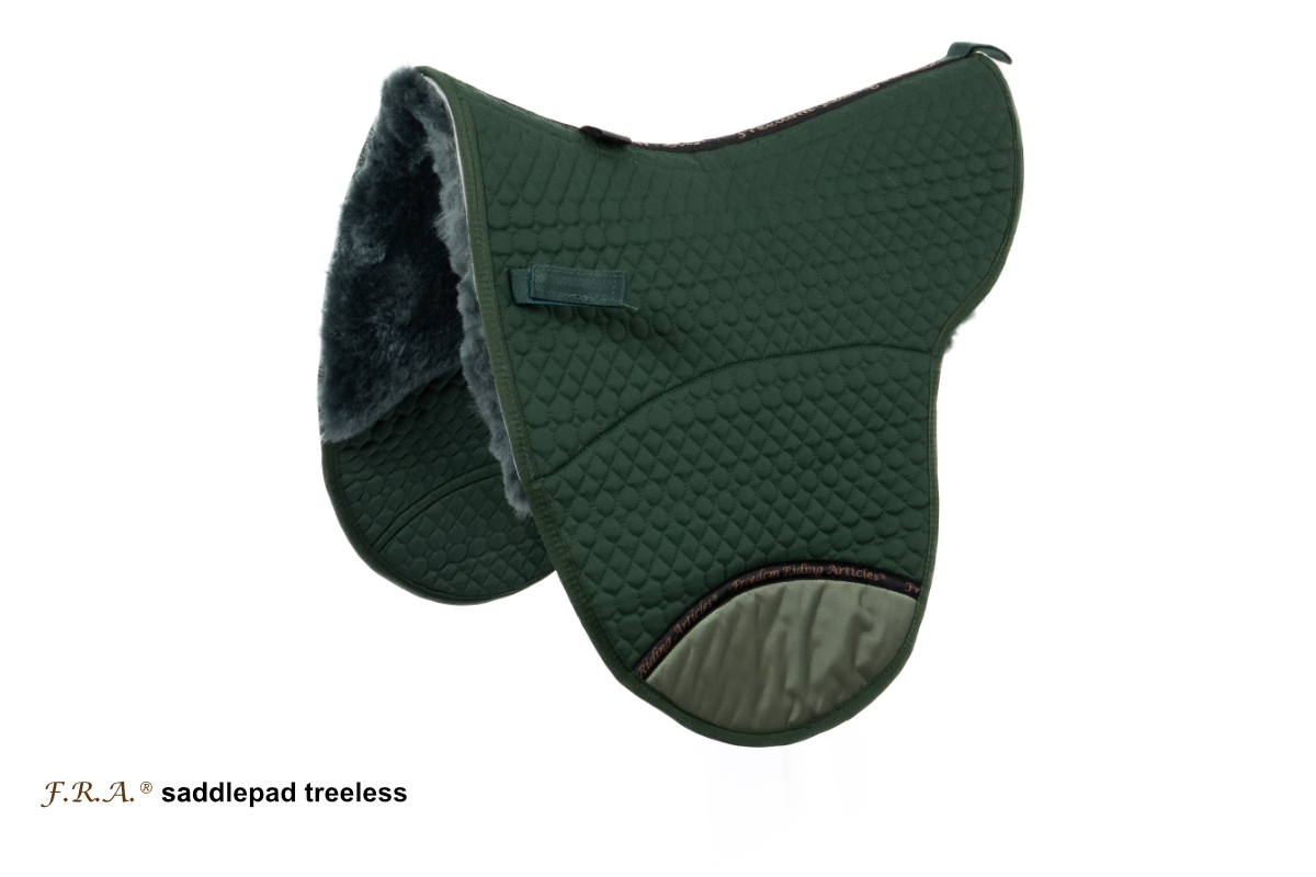 F.R.A.® saddle pad for treeless saddles, genuine Merino wool (includes 2 inserts), green, S