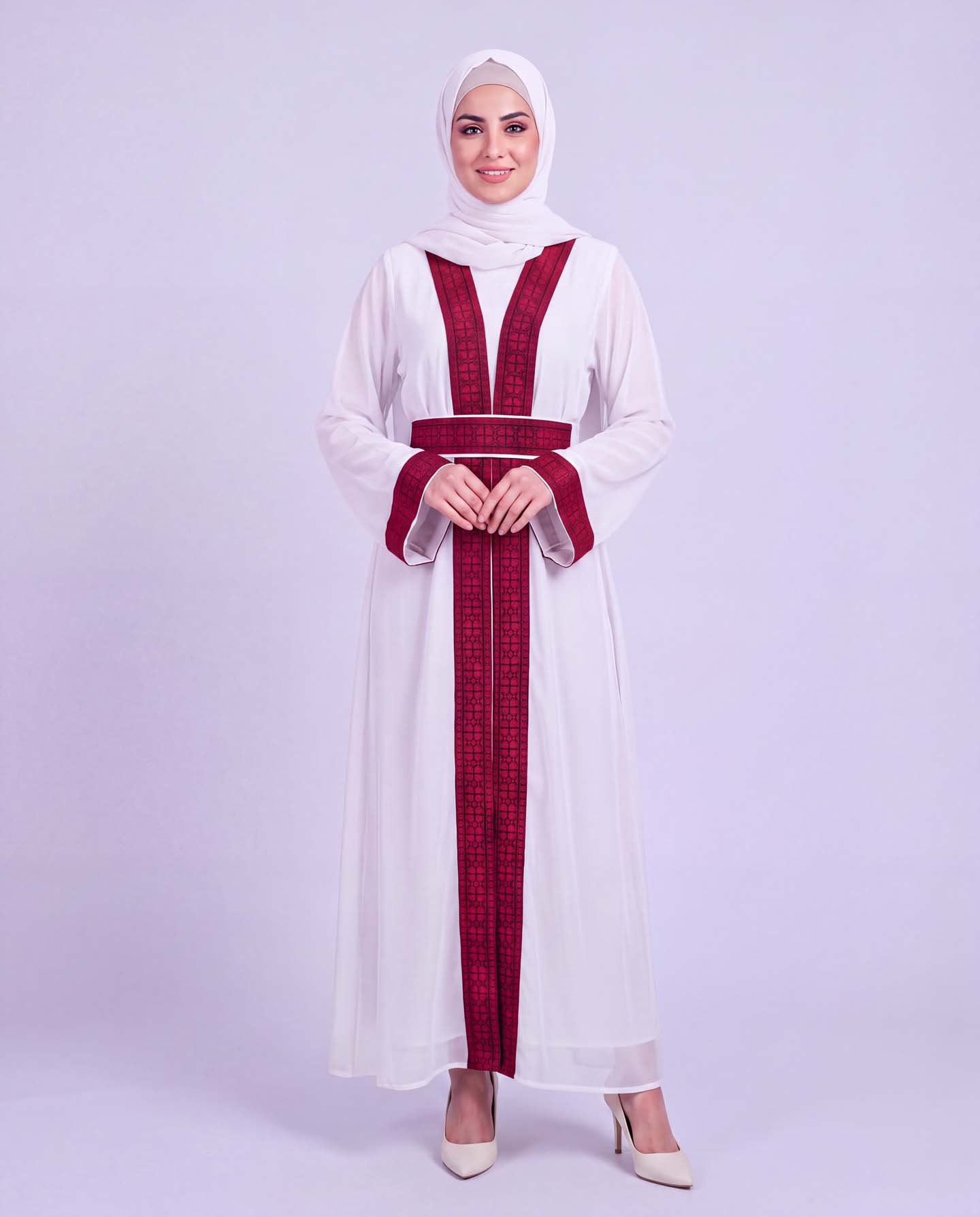 Traditional Abaya with Palestinian Patterns with Hijab - White