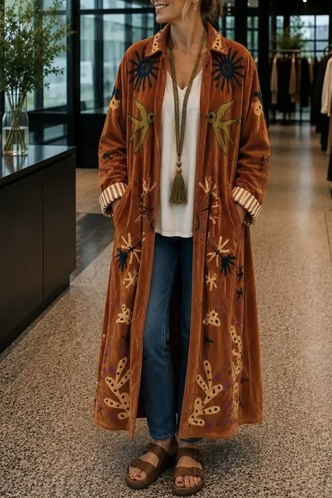 Qnuz - Suzani Long Velvet Coat w Application Camel