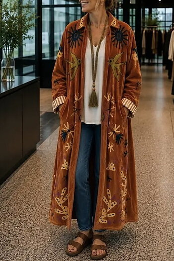 Qnuz - Suzani Long Velvet Coat w Application Camel