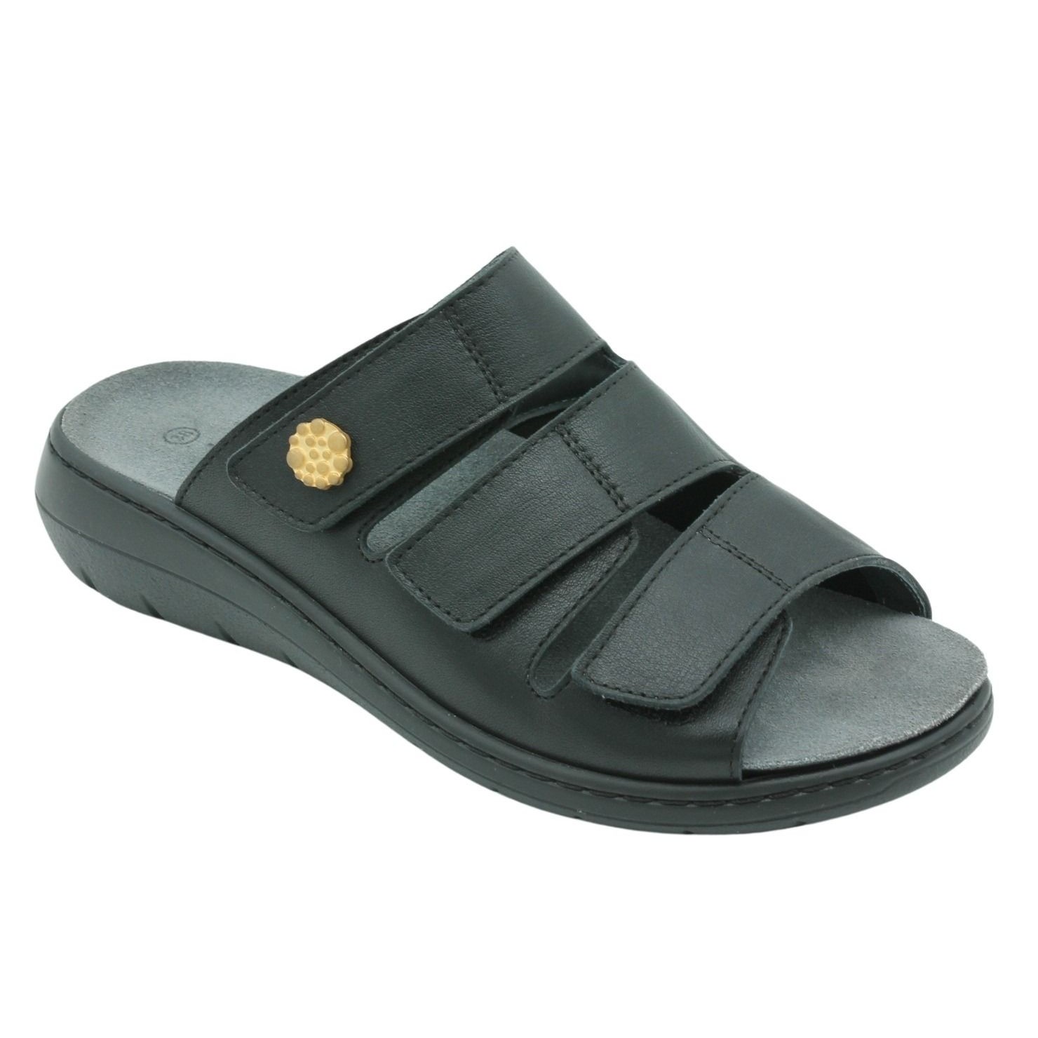 Damsandal Svart/Guld med elastisk insida – Ergoflex