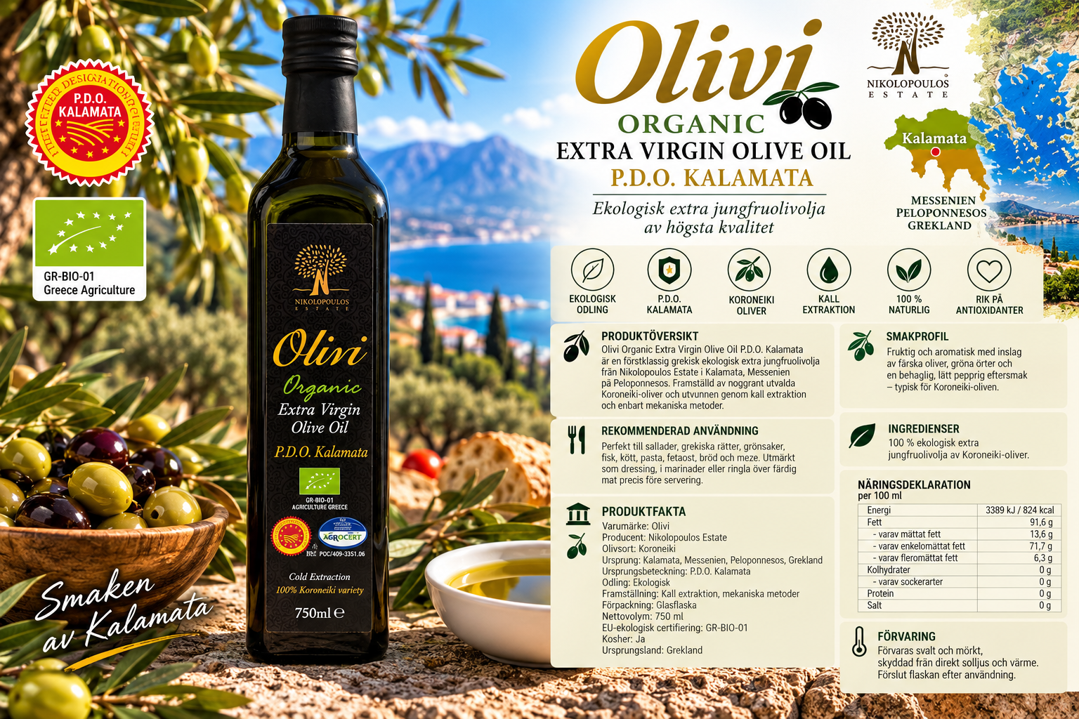 Olivi BIO P.D.O. Kalamata Ekologisk Extra Jungfruolivolja 750 ml - 3