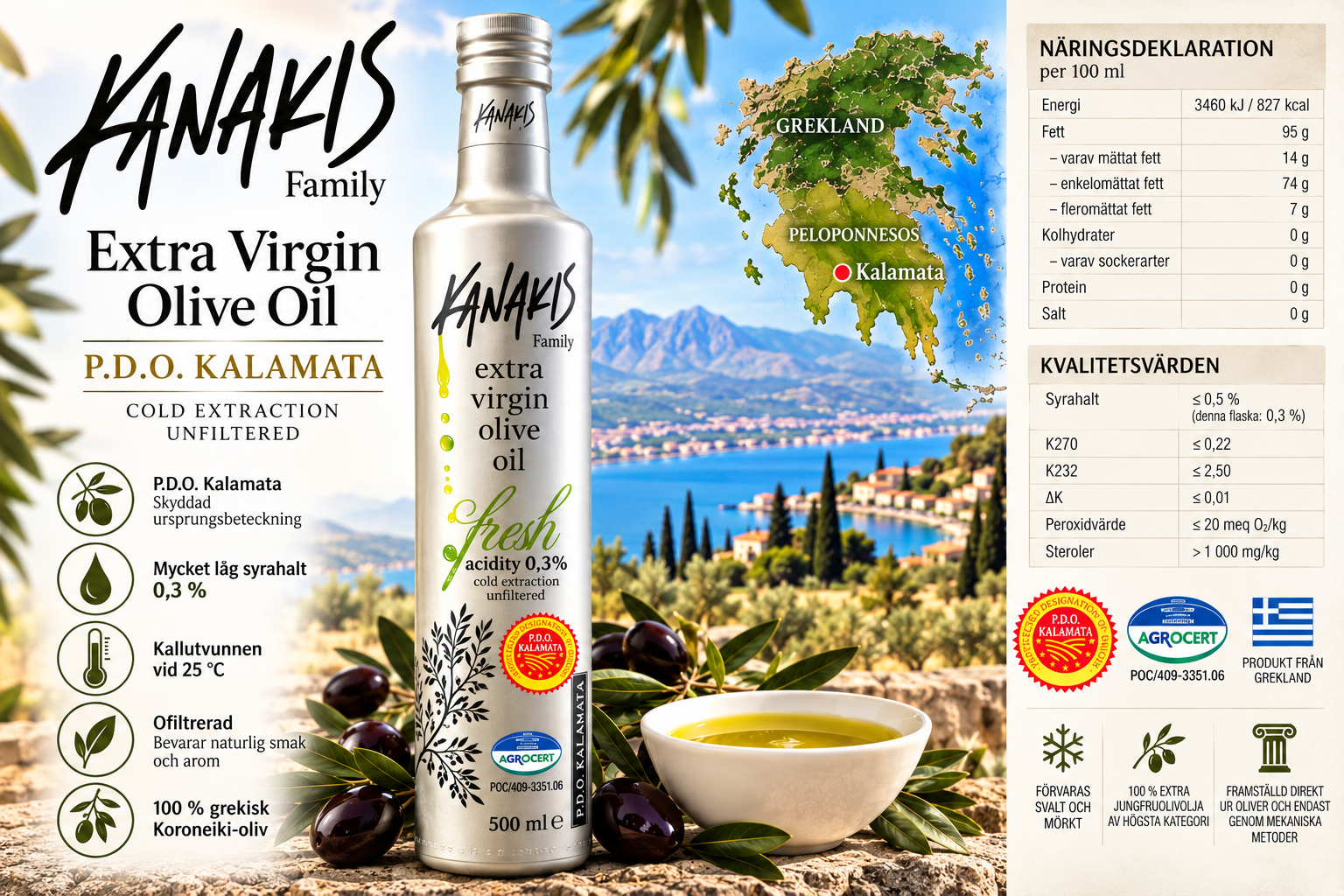 KANAKIS Fresh P.D.O. Kalamata Olivolja 500 ml – 0,3 % - 4