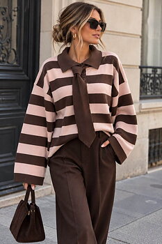 Sweater with tie brown/pink