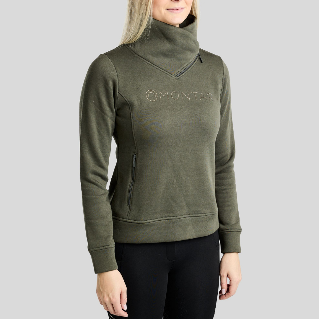 MONTAR MONAJA SWEATSHIRT W HIGH COLLAR AND GOLDEN  QUARTZ CRYSTAL - FOREST GREEN