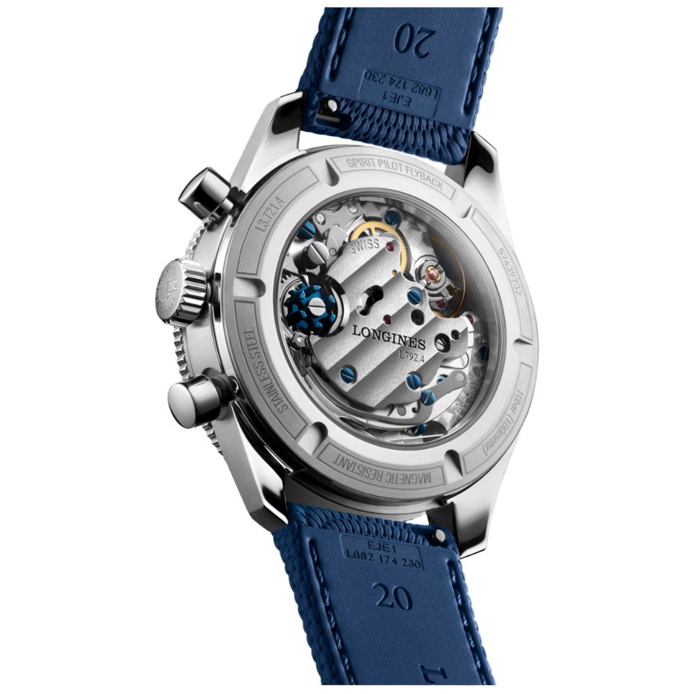 Longines L3.721.4.93.9 Spirit Pilot Flyback 39,5 blå gummiband sida