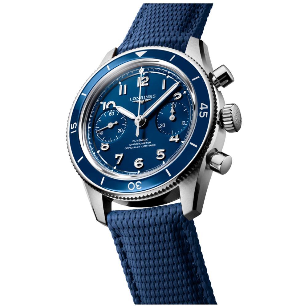 Longines L3.721.4.93.9 Spirit Pilot Flyback 39,5 blå gummiband baksida
