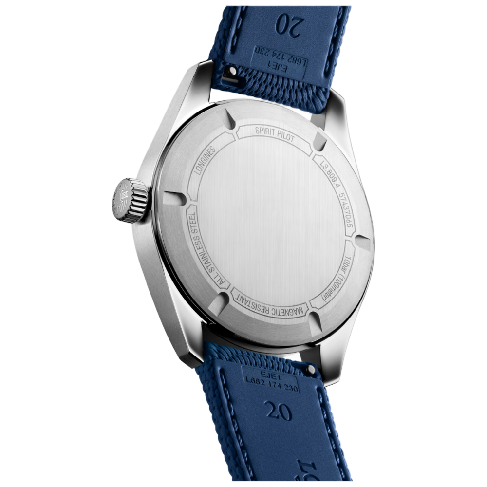 Longines L3.809.4.93.9 Spirit Pilot 39 blå gummiband baksida