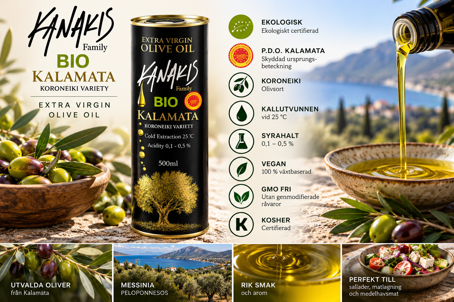 Kanakis Family BIO Kalamata P.D.O. Ekologisk Extra Virgin Olivolja 500 ml - 3