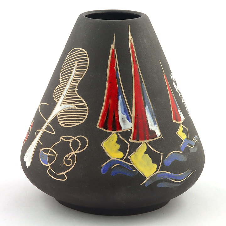 Hans Welling (Surreale 1959) Brown Cone Vase with Colorful Decor 15 cm