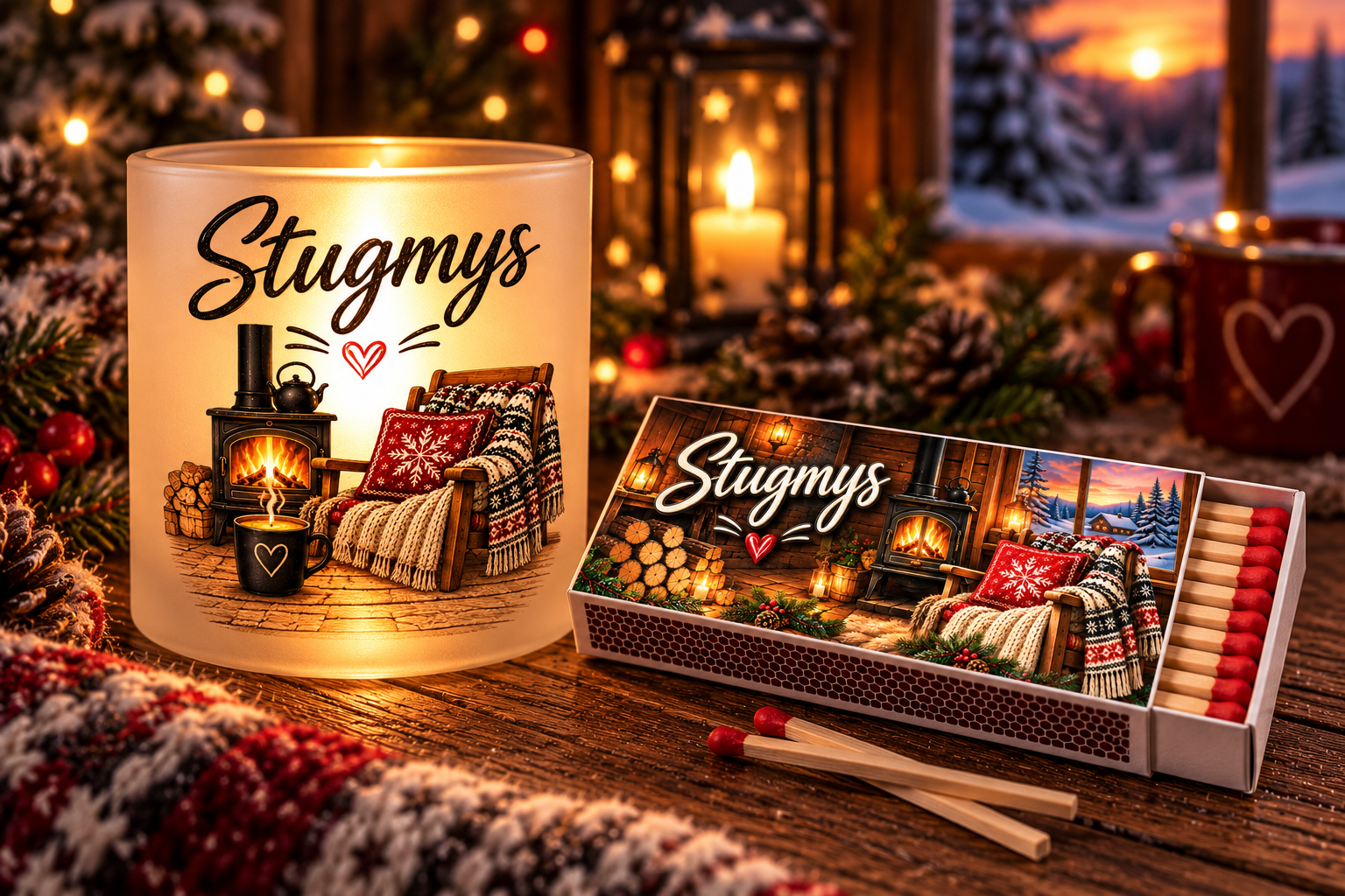 Presentset Stugmys – ljuslykta & tändsticksask