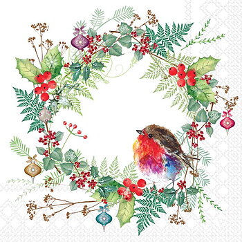 Lunchservett - Robin's wreath white