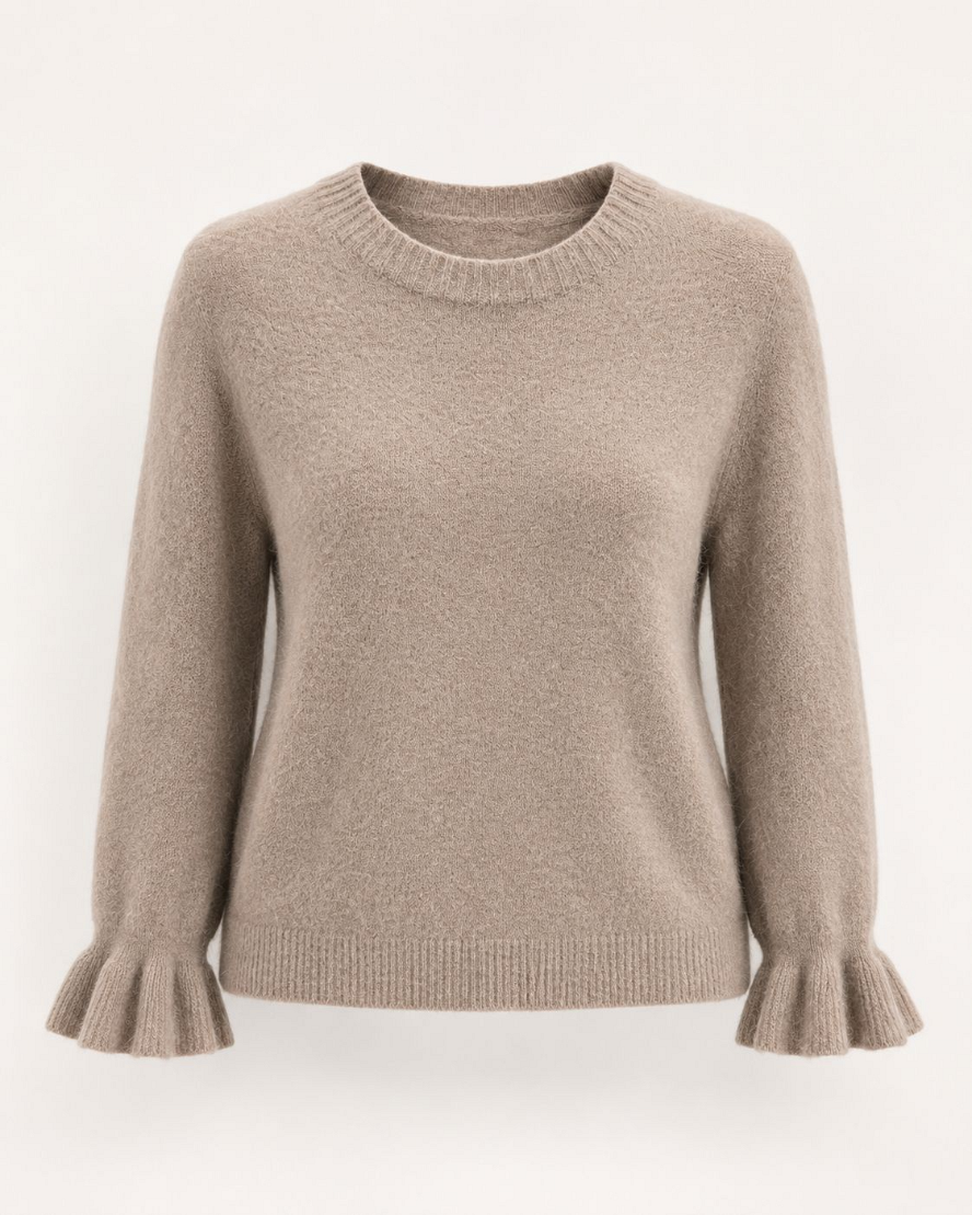 TRÖJA STICKAD M. VOLANGÄRM - OFFWHITE/LJUSBEIGE