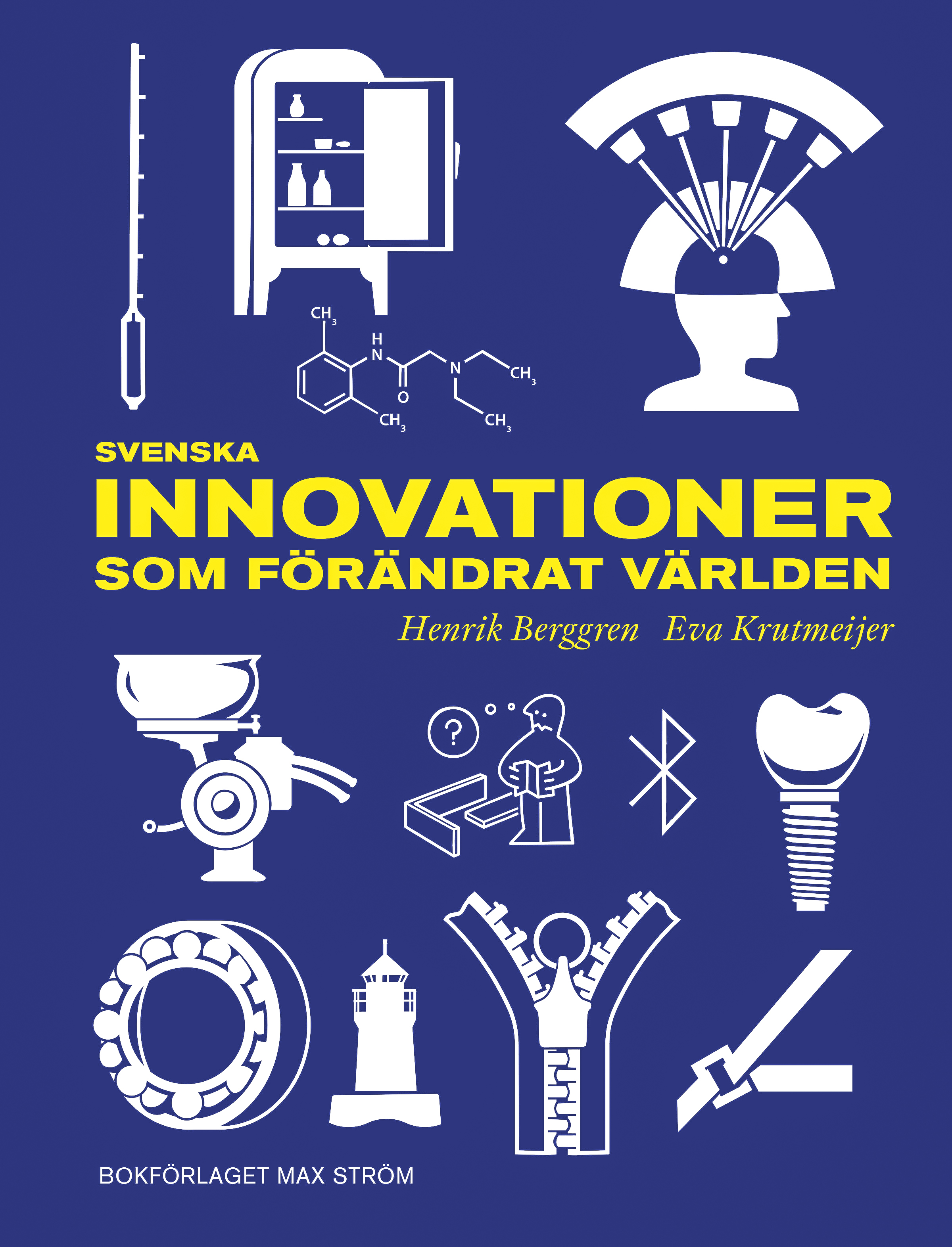 Bokomslag av boken, blå bakgrund och gul text och vita illustrationer av olika uppfinningar