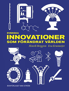 Bokomslag av boken, blå bakgrund och gul text och vita illustrationer av olika uppfinningar