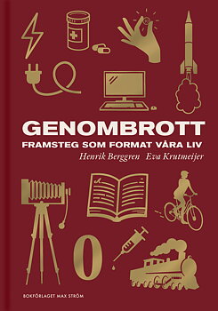 Rött omslag med vit text och guldfärgade illustrationer av olika uppfinningar