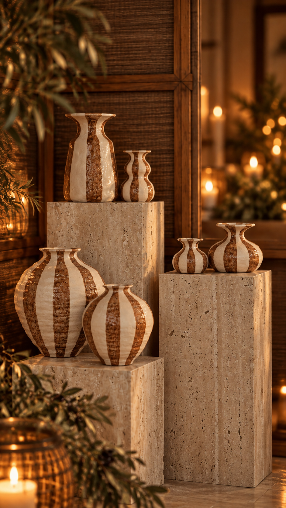 Candlestick Striped - Ceramic - Stoneware - White/Light Brown - 3
