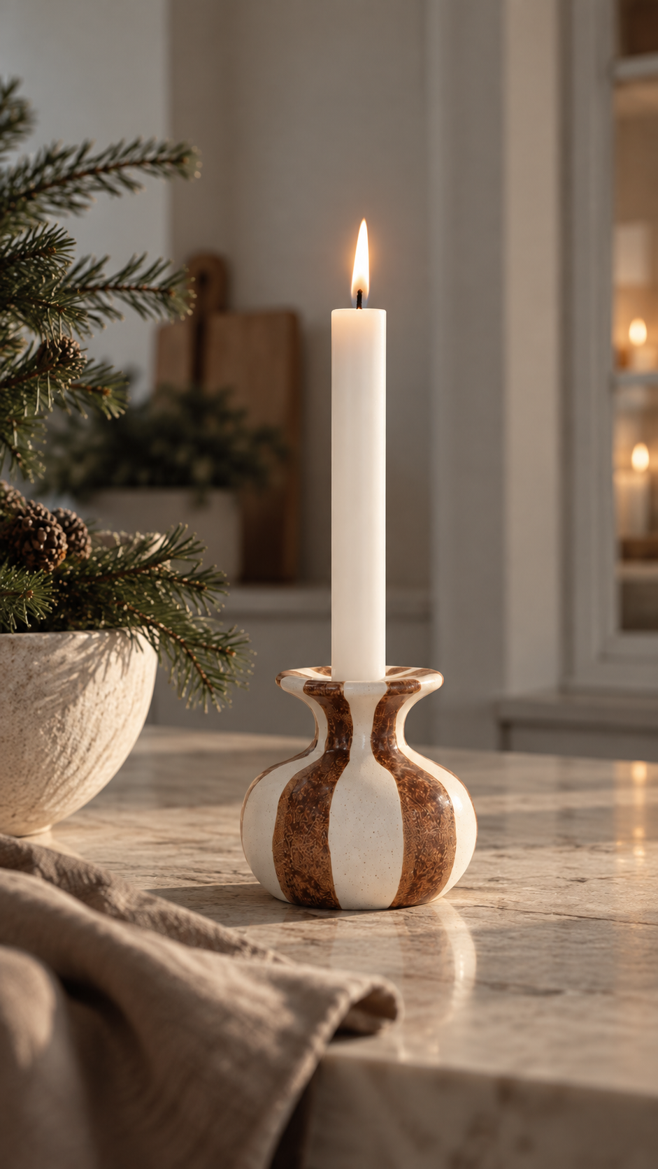 Candlestick Striped - Ceramic - Stoneware - White/Light Brown - 4
