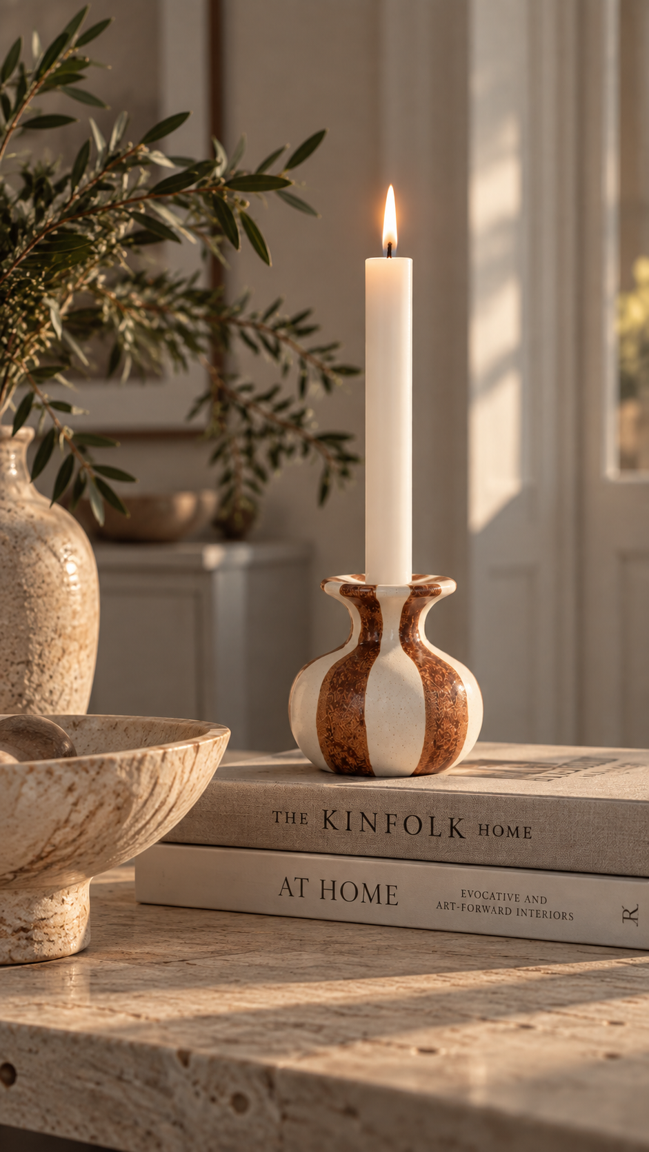 Candlestick Striped - Ceramic - Stoneware - White/Light Brown